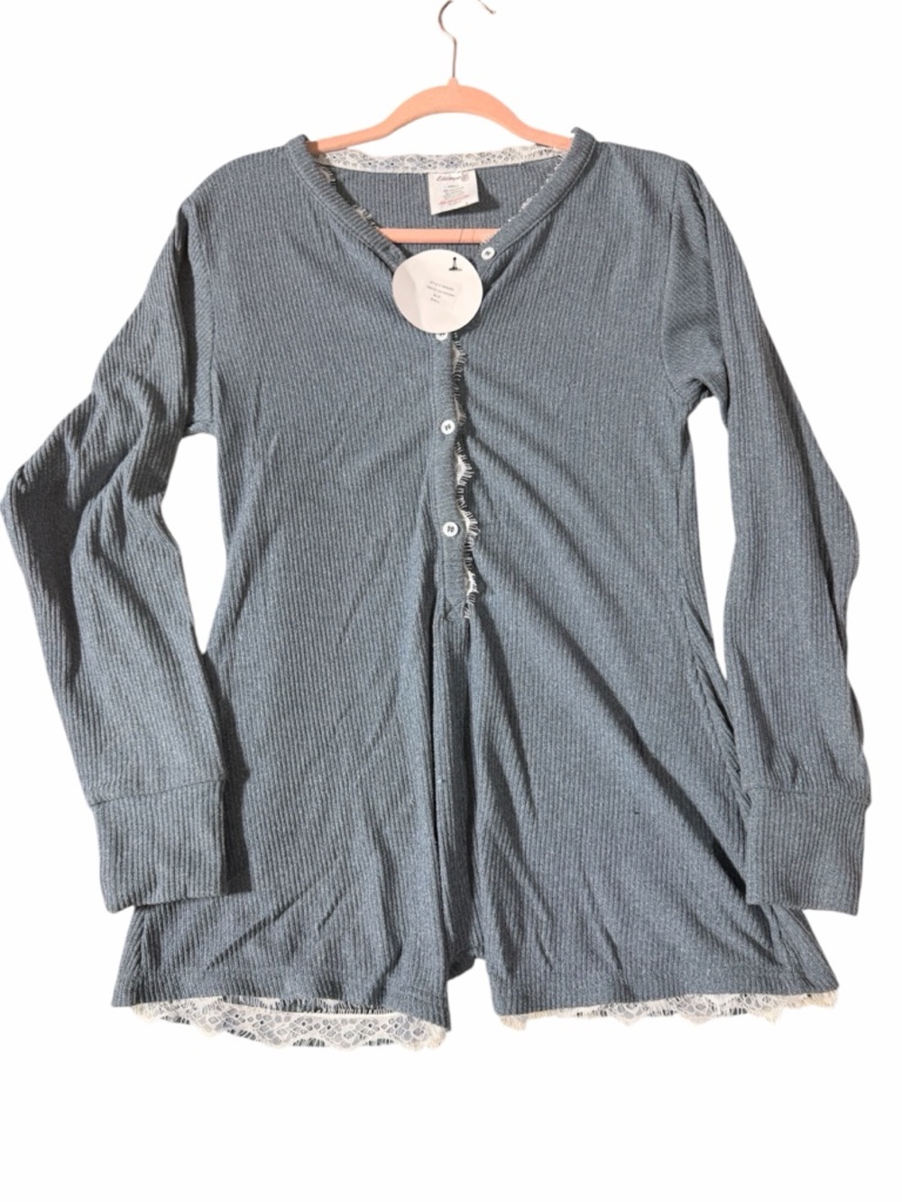 Lillianne Blue Ribbed Knit Long Sleeve Henley Romper with Lace Trim - Size Small